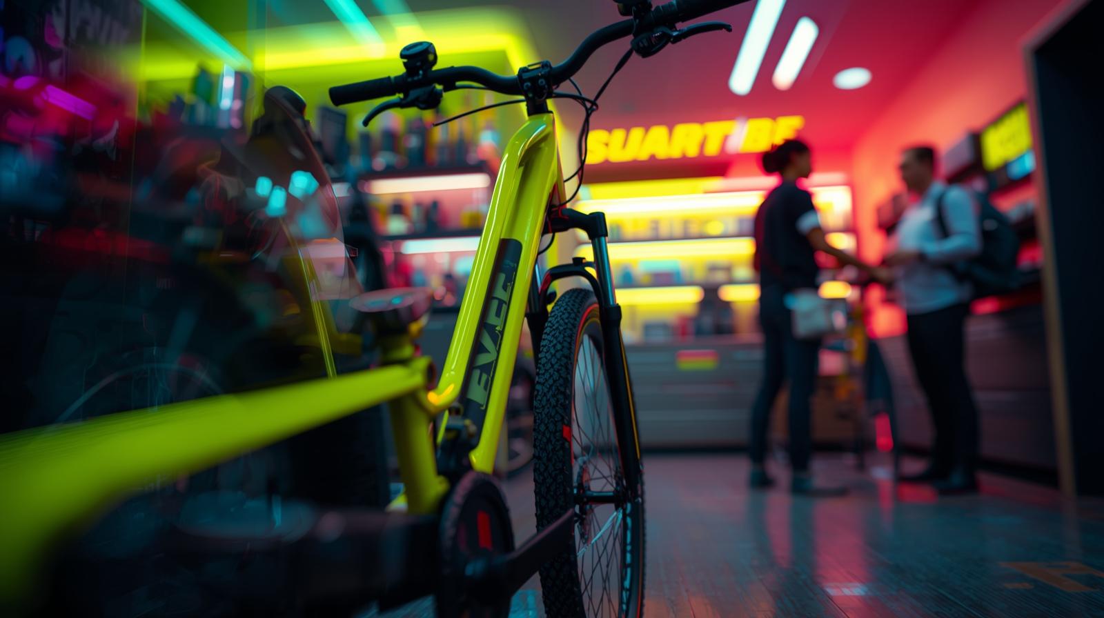 tanácsadás e-bike, egy üzletben és a bike van fókuszban és hátrébb bemutatja a 2 kolléga, neon sárga neon zöld neon pink szinek vannak árnyas háttéren, mintha makró lenne és 2 ember is látszik (1)